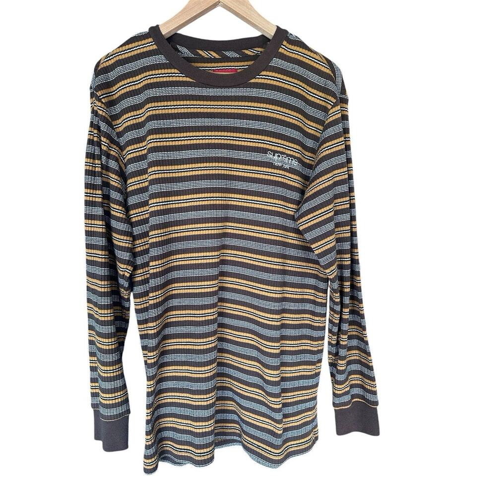 Supreme Long Sleeve Brown Tan Striped Shirt Men’s Size Large
